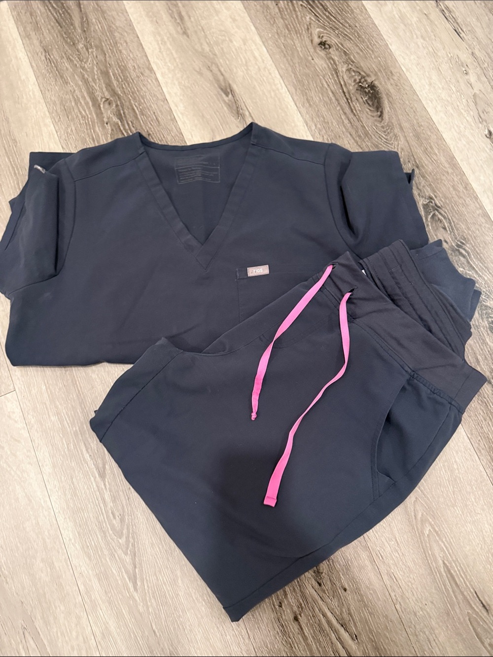 Figs Navy Scrub Set with Pink Drawstring